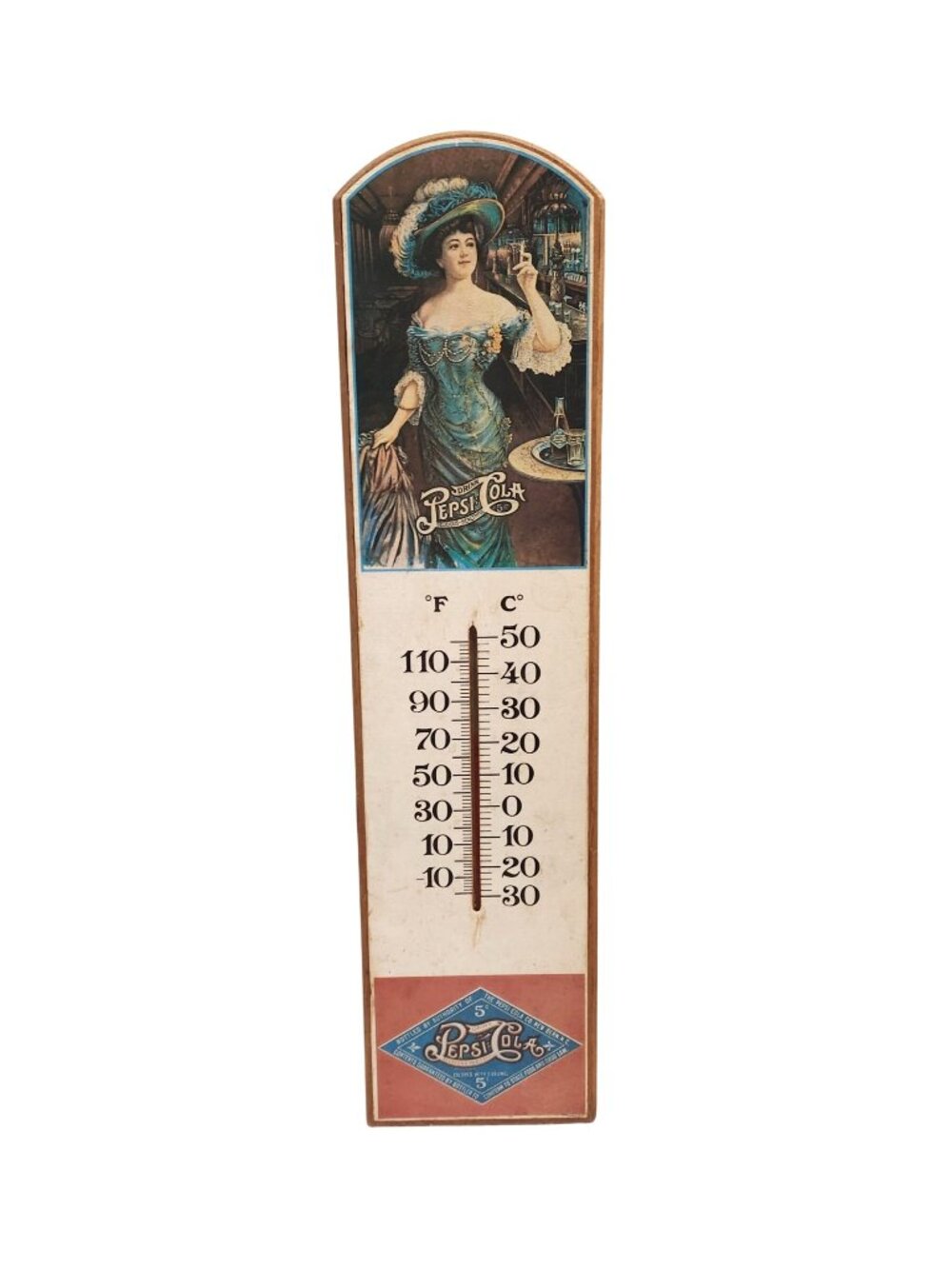 Vintage Pepsi Cola Advertising Thermometer With Lady In Blue Dress Scale READ